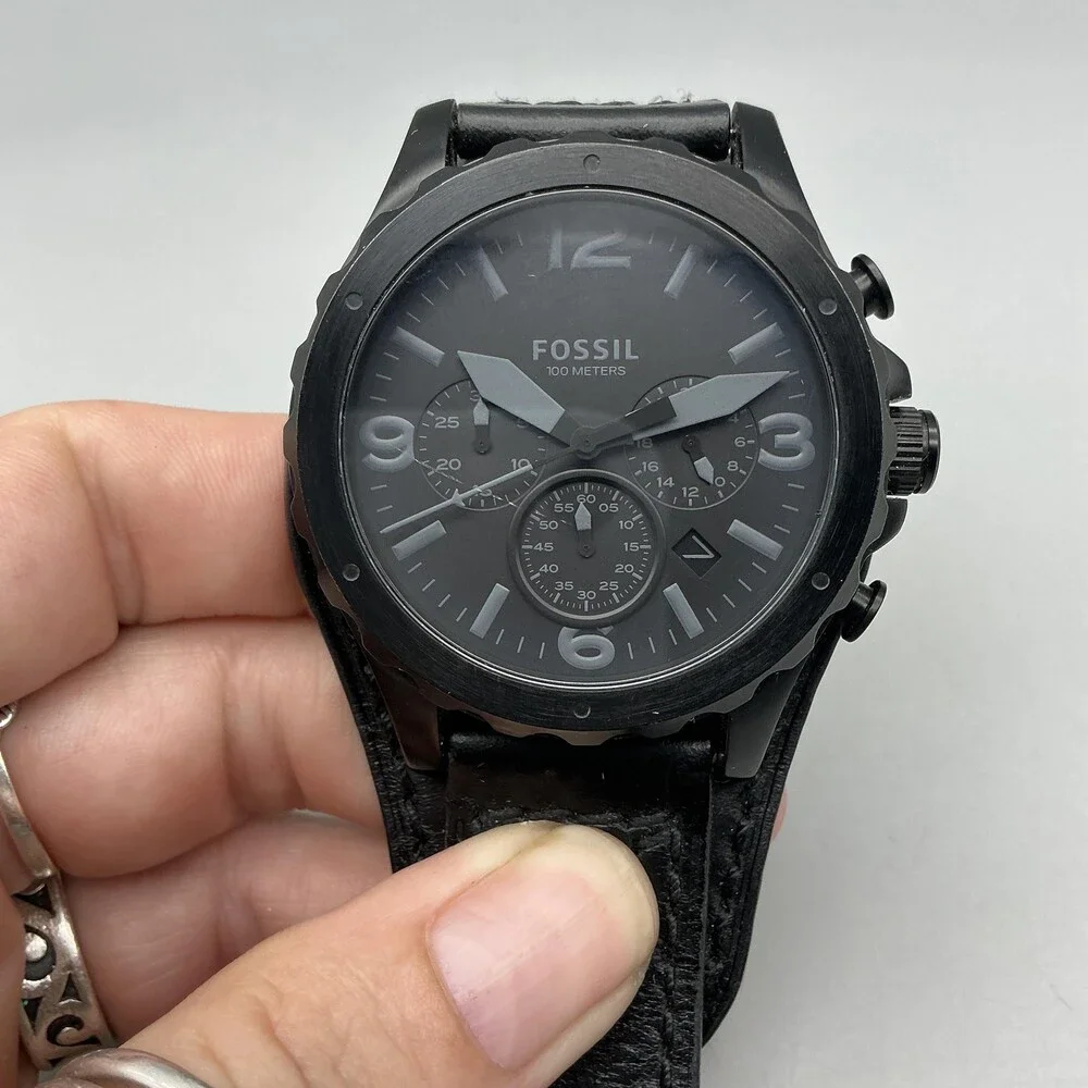 Fossil Nate JR1510 Mens Watch 46mm Black Leather Chronograph New Battery